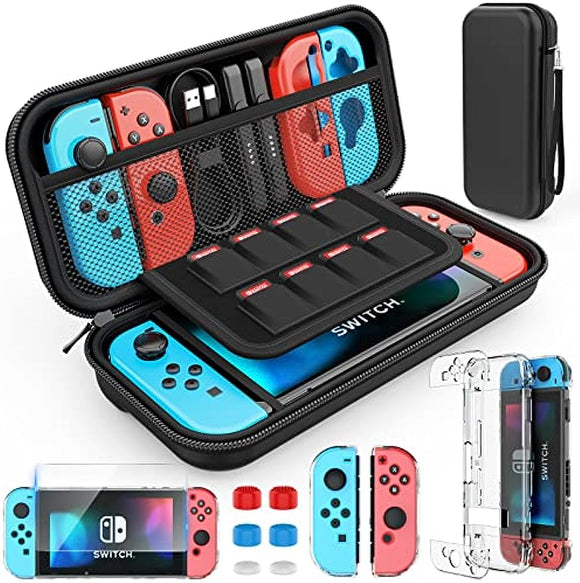 HEYSTOP Switch Case Compatible with Nintendo Switch, 9 in 1 Accessories kit with Carrying Case, Dockable Protective Case, HD Screen Protector and 6pcs Thumb Grips Caps