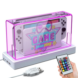 Mooroer Switch protective case for Nintendo Switch/OLED Dock, dust cover dust cover for Nintendo Switch/Switch OLED accessory with 20 colors LED light anti-dust/scratch protection, game theme edition