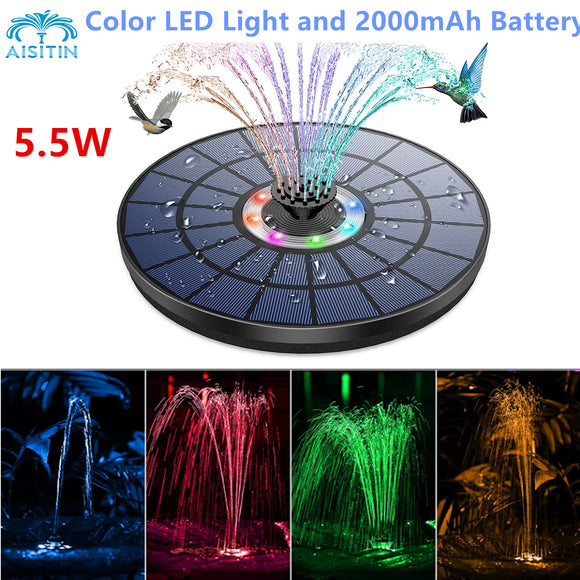 AISITIN Solar Fountain 5.5W with Color LED Light and 2000mAh Battery, 7 Nozzles Solar Bird Bath Fountain, for Outdoor, Garden